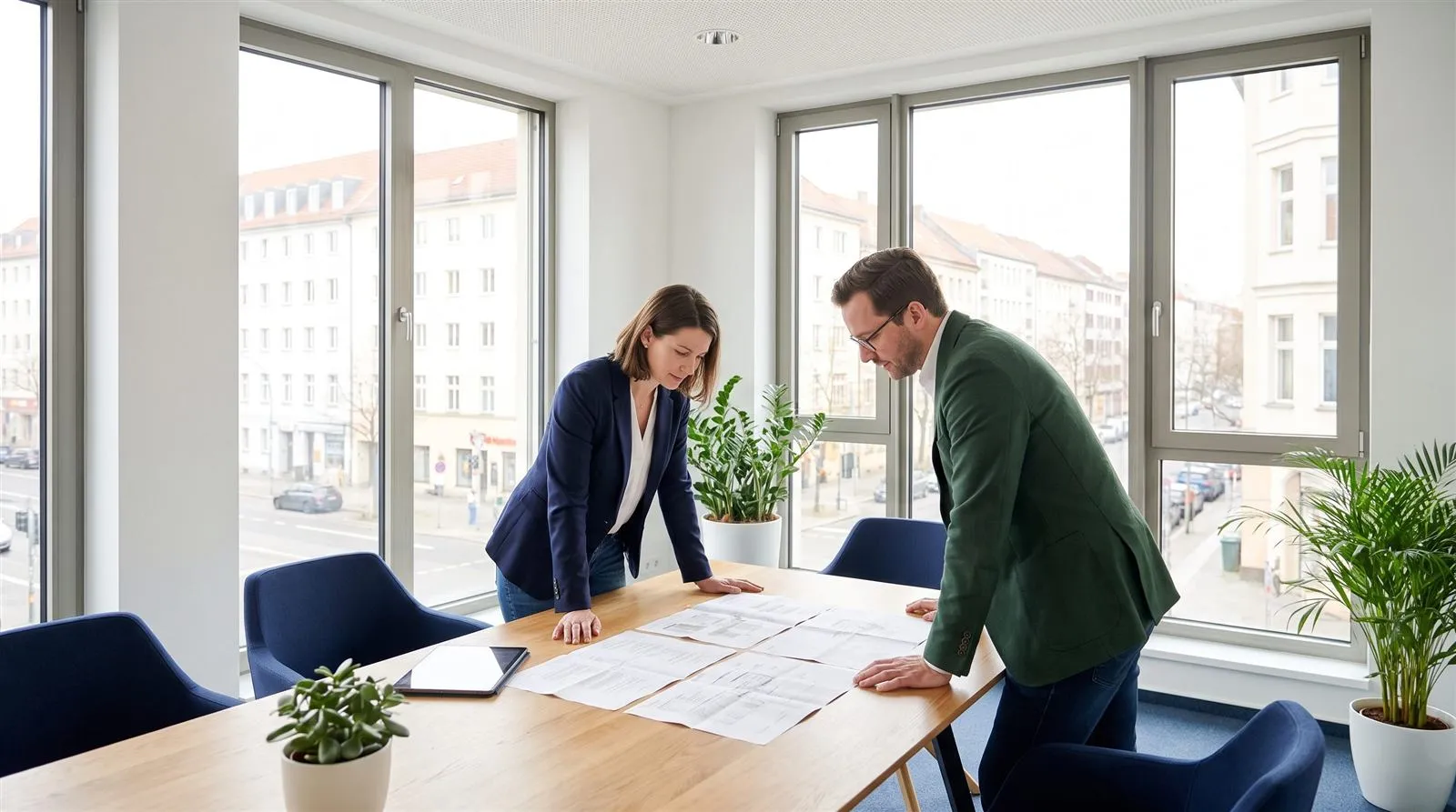 Two advisers standing at a table in a bright office, reading through paperwork spread out in front of them.