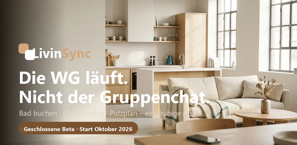 LivinSync brand card: the wordmark over a shared kitchen and living room, with the closed-beta date beneath.