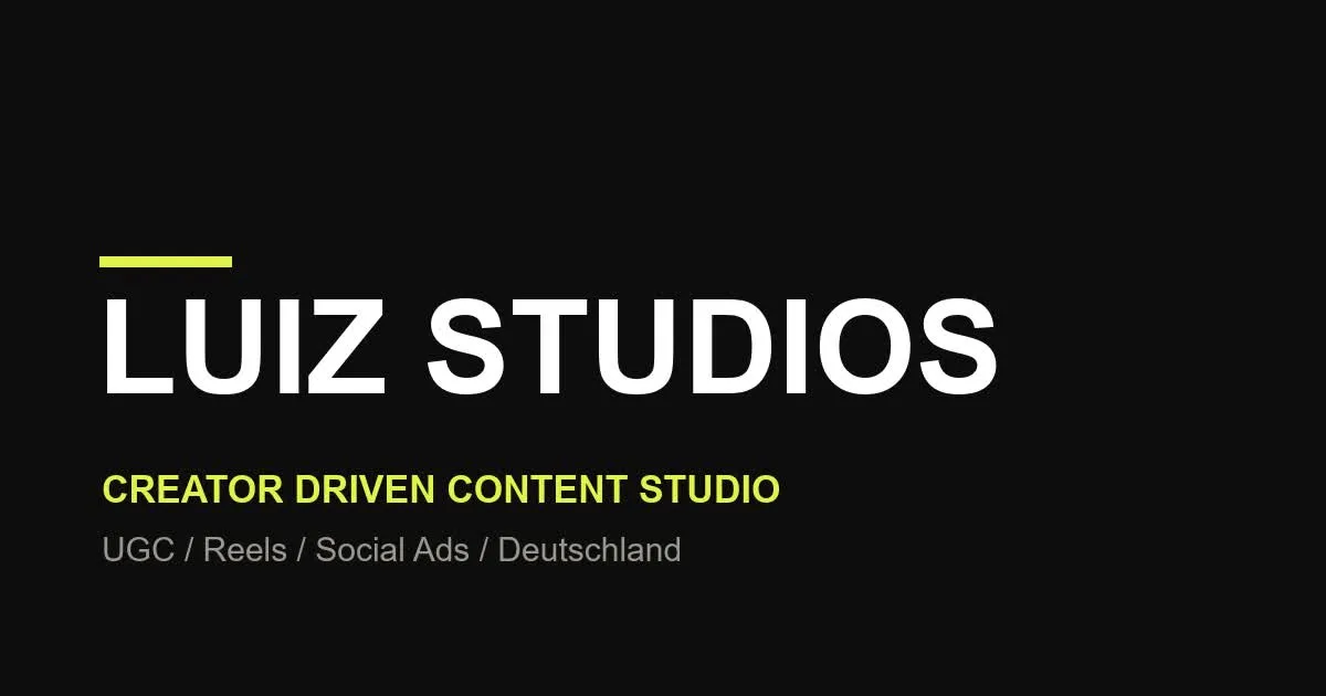 Luiz Studios brand card: the wordmark in white on black above the line "creator driven content studio" in acid green.